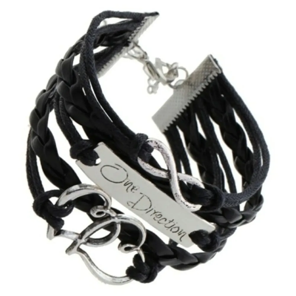 1d ~ Twin Hearts + Infinity + One Direction Leather Bracelet ~ Black