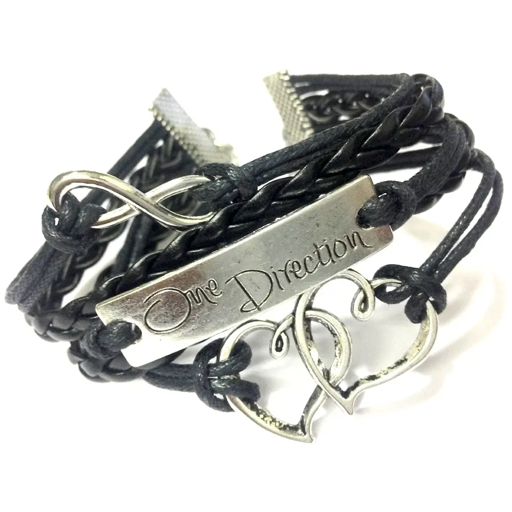 1d ~ Twin Hearts + Infinity + One Direction Leather Bracelet ~ Black
