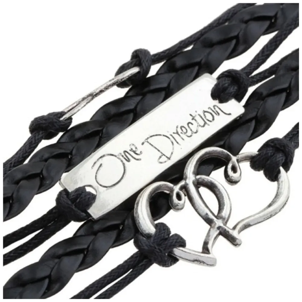 1d ~ Twin Hearts + Infinity + One Direction Leather Bracelet ~ Black