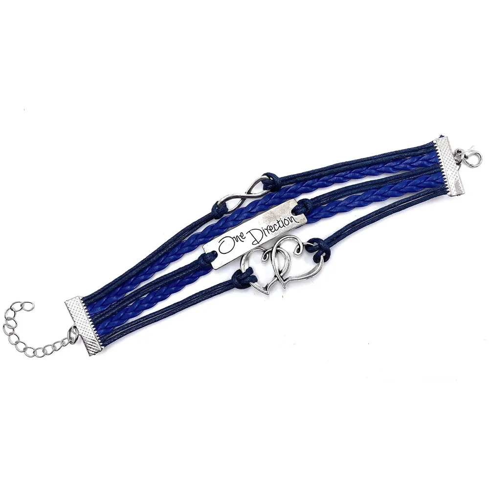 One Direction Twin Hearts Leather Charm Bracelet For Women (Dark Blue)