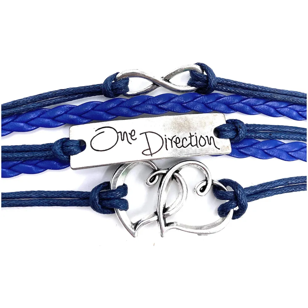 One Direction Twin Hearts Leather Charm Bracelet For Women (Dark Blue)