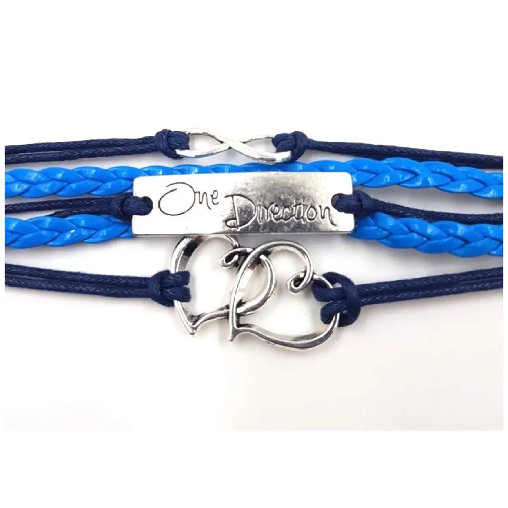 One Direction Twin Hearts Leather Charm Bracelet For Women (Light Blue)