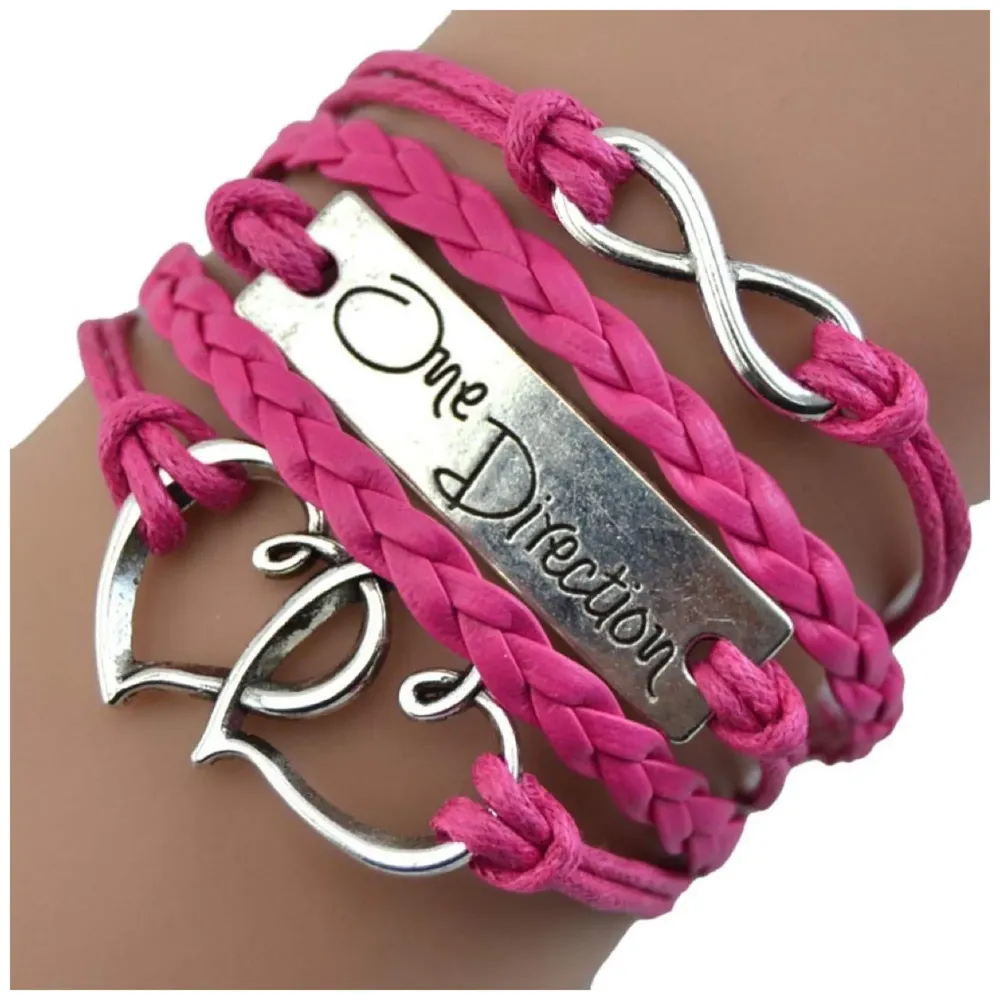 One Direction Twin Hearts Leather Charm Bracelet For Women (Magenta)