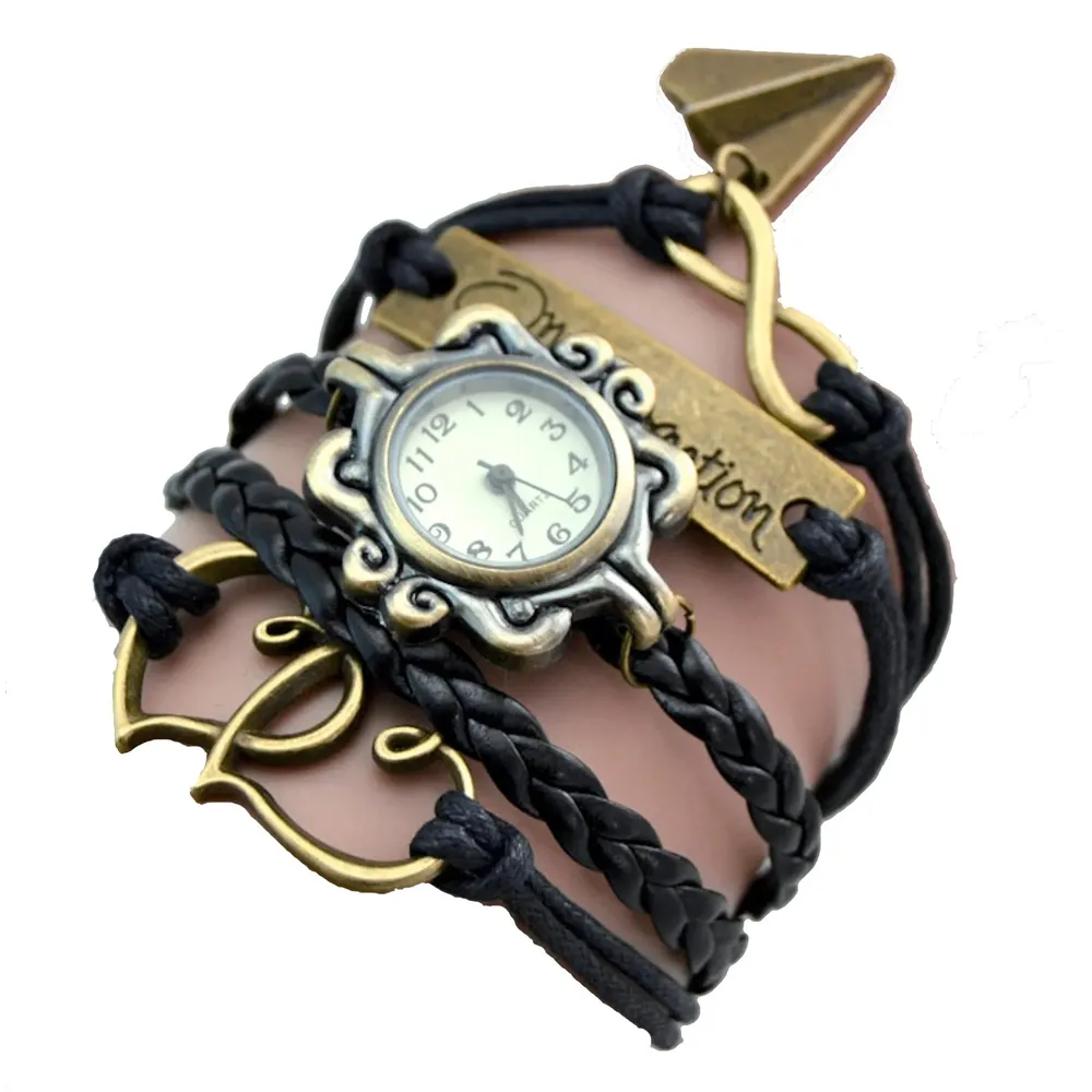 One Direction Multi-Charm Watch Bracelet with Twin Hearts, Infinity & Airplane Charms, Leather Wrap Wristwatch for Girls & Directioner Fans - 2