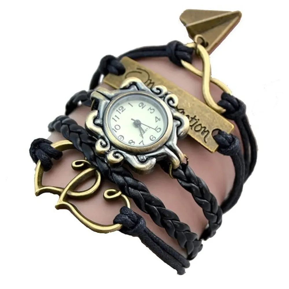 One Direction Multi-Charm Watch Bracelet with Twin Hearts, Infinity & Airplane Charms, Leather Wrap Wristwatch for Girls & Directioner Fans