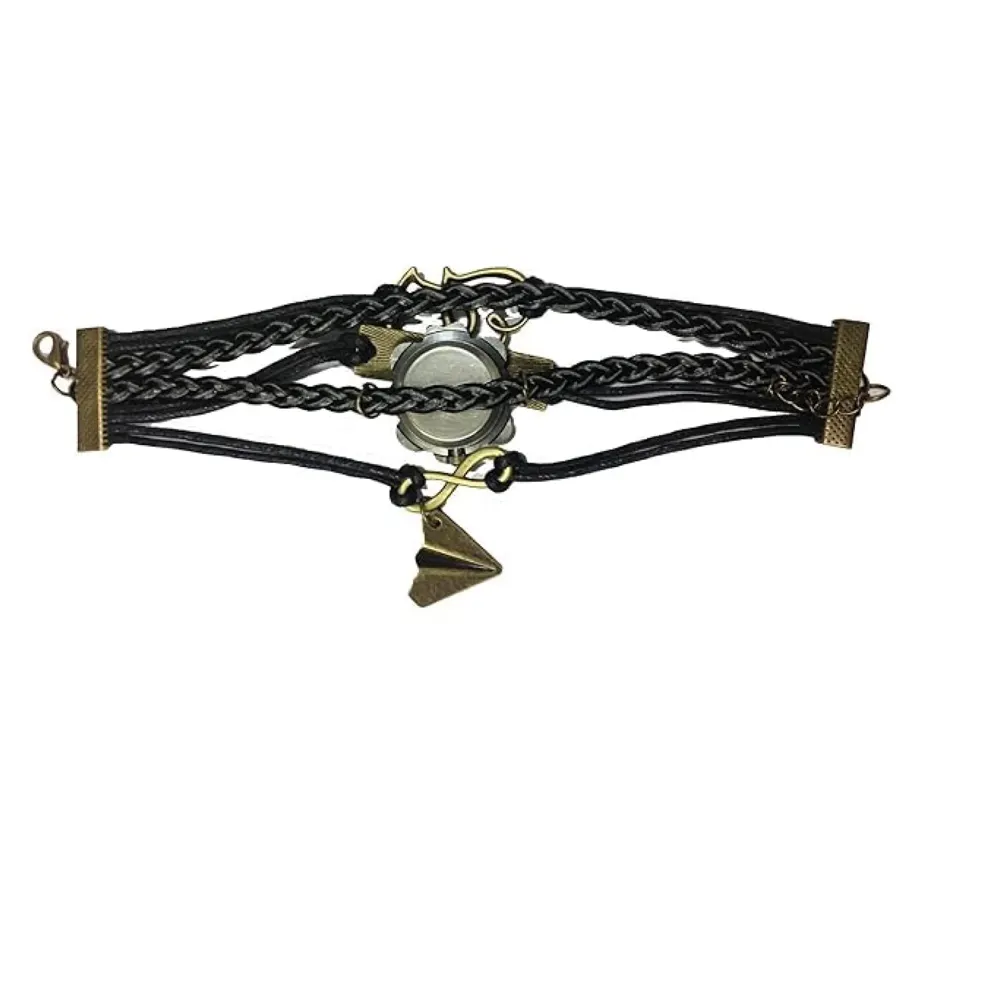 One Direction Multi-Charm Watch Bracelet with Twin Hearts, Infinity & Airplane Charms, Leather Wrap Wristwatch for Girls & Directioner Fans