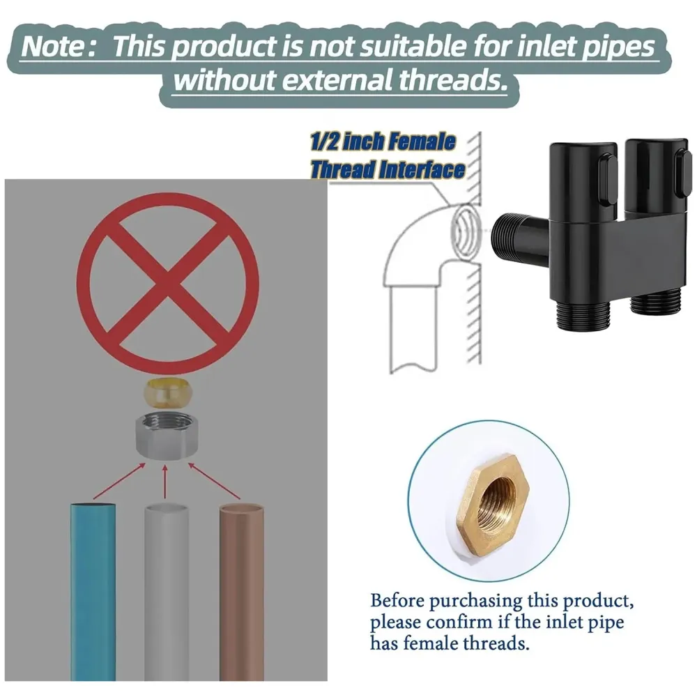 1-In-2-Out Dual Control Angle Valve, Angular Angle Cock Water Splitter Valve with Shut-Off, 1/2" Black - 2