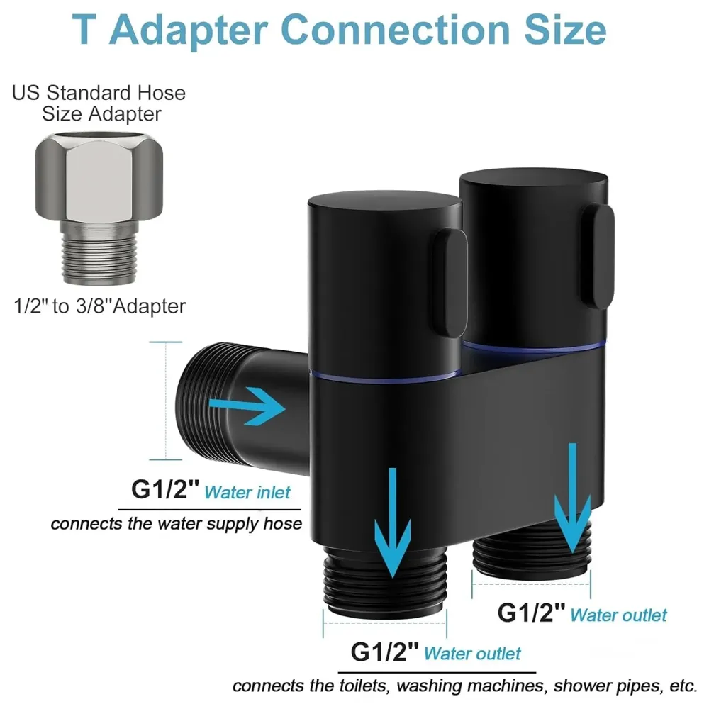1-In-2-Out Dual Control Angle Valve, Angular Angle Cock Water Splitter Valve with Shut-Off, 1/2" Black - 4