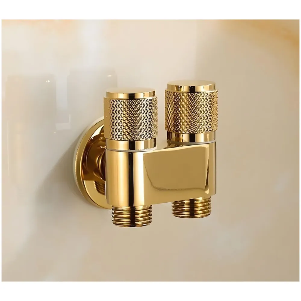 Gold 2 in 1 Angular Dual Double Angle Valve Dual Tap for Bathroom, Geyser | Luxury Series Two-Way | 2 in 1 Angle Valve for Bathroom | Two Way Tap Golden Washing Machine.