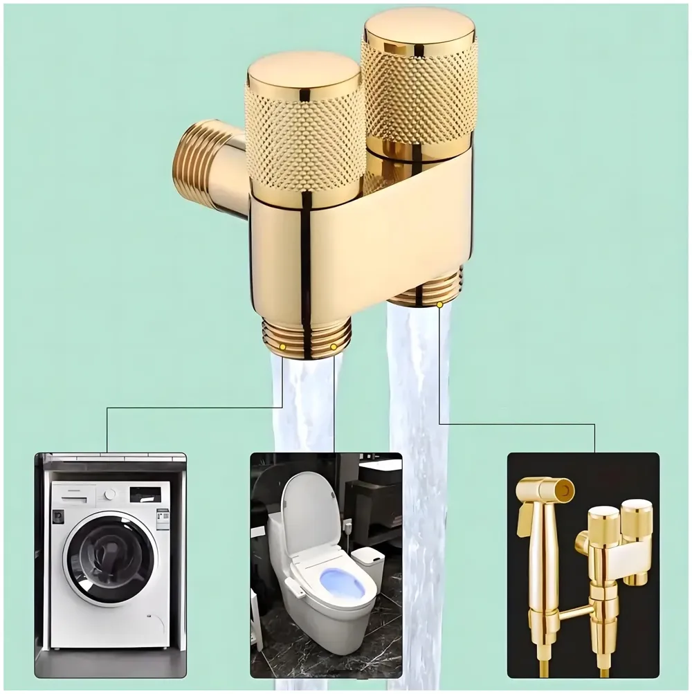 Gold 2 in 1 Angular Dual Double Angle Valve Dual Tap for Bathroom, Geyser | Luxury Series Two-Way | 2 in 1 Angle Valve for Bathroom | Two Way Tap Golden Washing Machine.