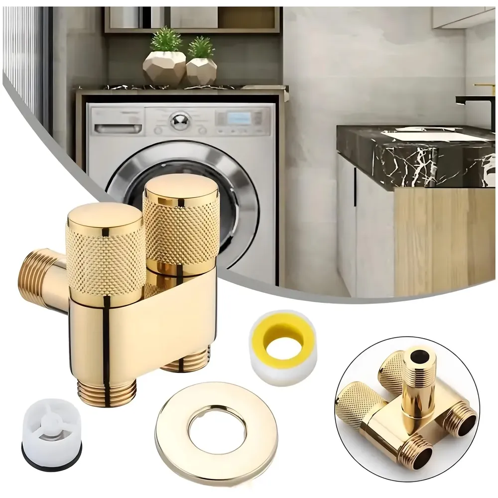 Gold 2 in 1 Angular Dual Double Angle Valve Dual Tap for Bathroom, Geyser | Luxury Series Two-Way | 2 in 1 Angle Valve for Bathroom | Two Way Tap Golden Washing Machine.