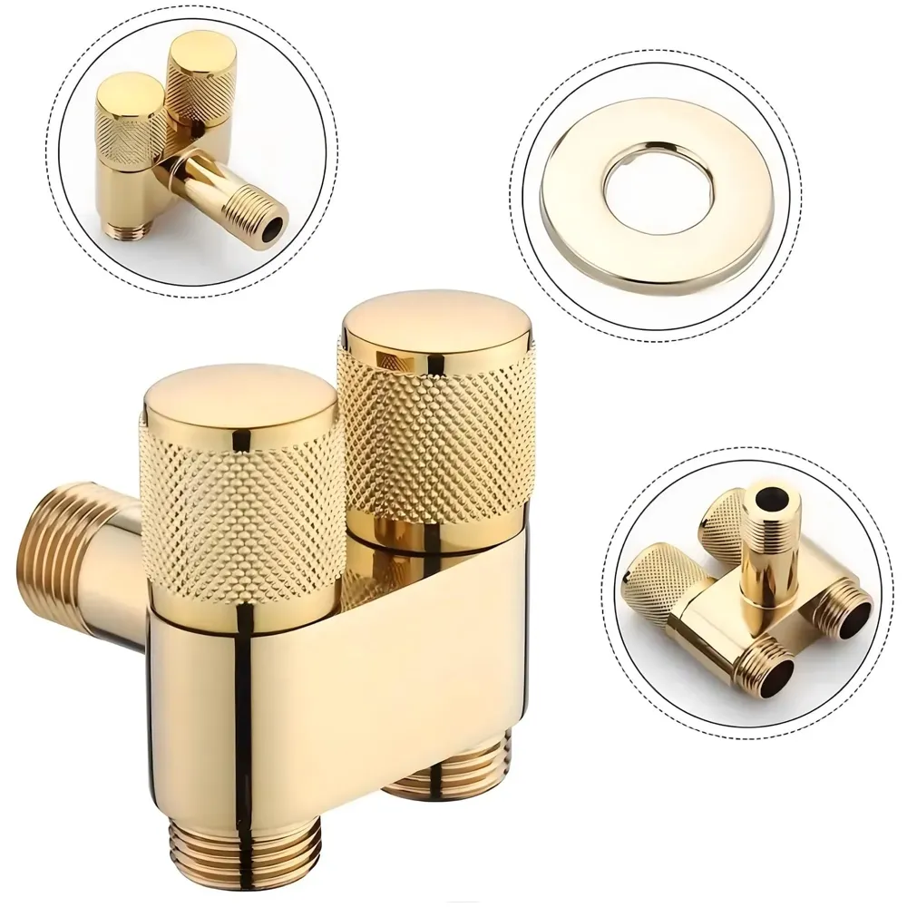 Gold 2 in 1 Angular Dual Double Angle Valve Dual Tap for Bathroom, Geyser | Luxury Series Two-Way | 2 in 1 Angle Valve for Bathroom | Two Way Tap Golden Washing Machine.