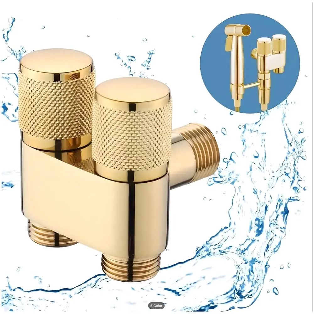 Gold 2 in 1 Angular Dual Double Angle Valve Dual Tap for Bathroom, Geyser | Luxury Series Two-Way | 2 in 1 Angle Valve for Bathroom | Two Way Tap Golden Washing Machine.
