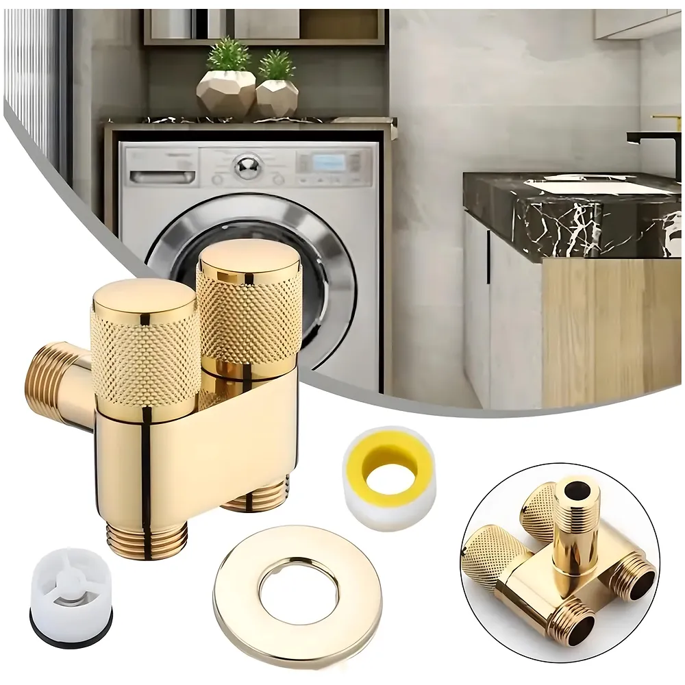 Gold 2 in 1 Angular Dual Double Angle Valve Dual Tap for Bathroom, Geyser | Luxury Series Two-Way | 2 in 1 Angle Valve for Bathroom | Two Way Tap Golden Washing Machine - Premium