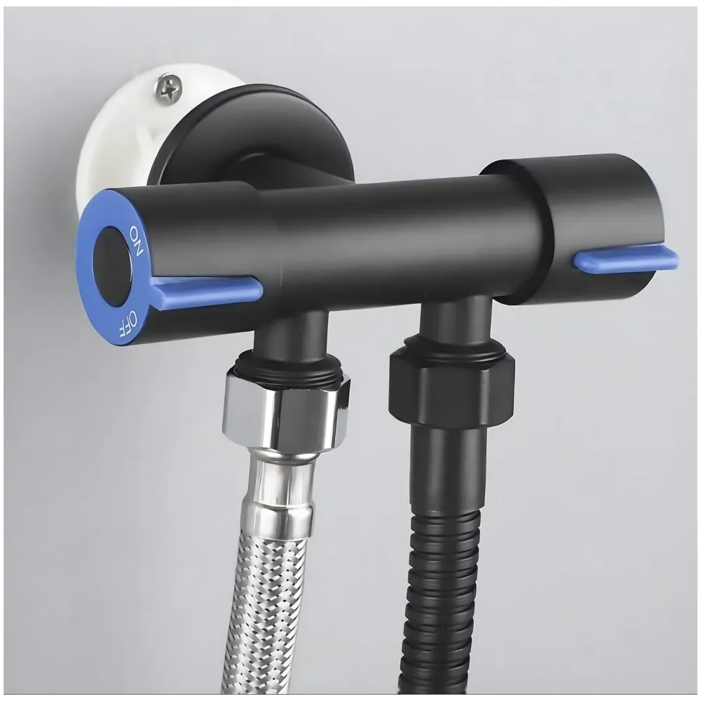 Black 2 in 1 Angular Dual Double Angle Valve Dual Tap for Bathroom, Geyser Two-Way for Bathroom Two Way Tap Washing Machine.