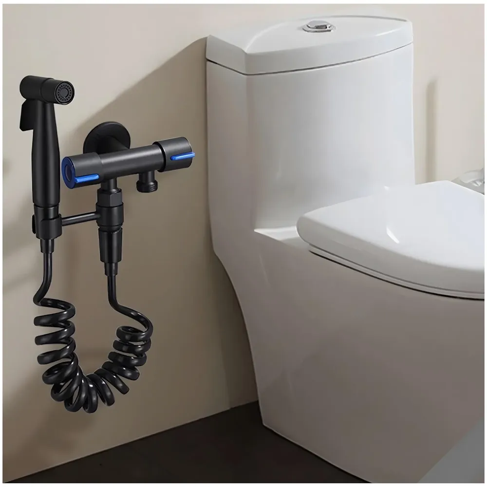 Black 2 in 1 Angular Dual Double Angle Valve Dual Tap for Bathroom, Geyser Two-Way for Bathroom Two Way Tap Washing Machine.