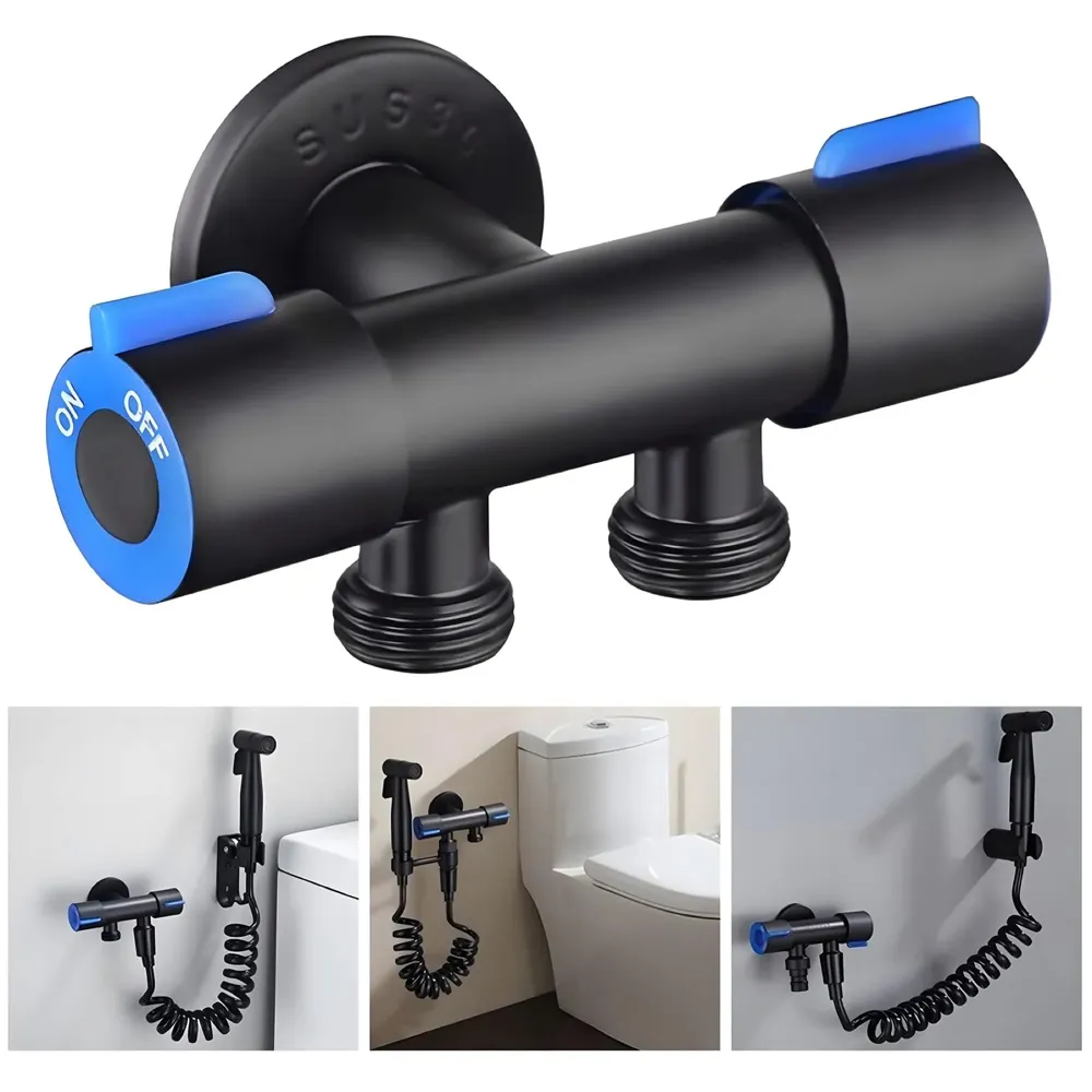 Black 2 in 1 Angular Dual Double Angle Valve Dual Tap for Bathroom, Geyser Two-Way for Bathroom Two Way Tap Washing Machine.