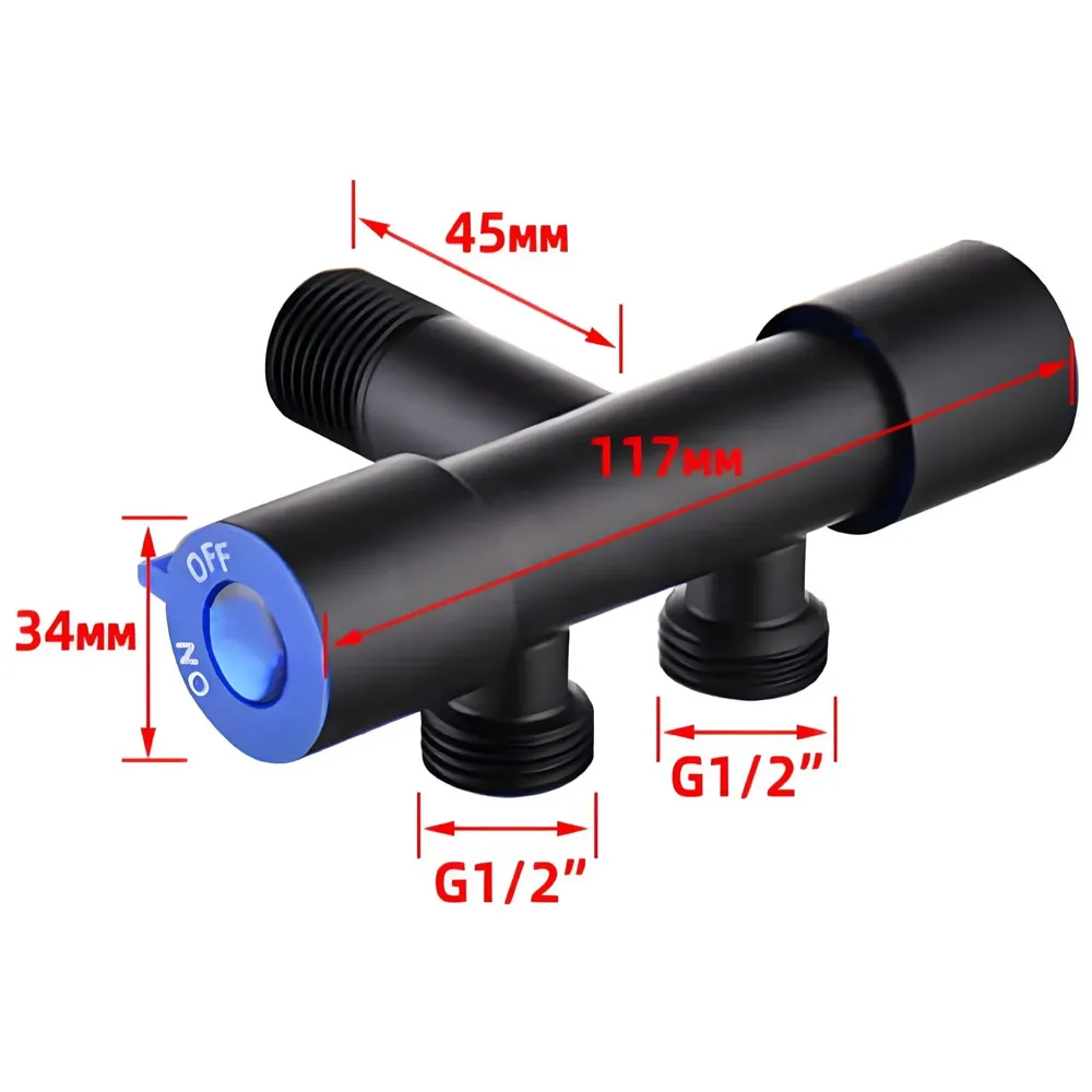 Black 2 in 1 Angular Dual Double Angle Valve Dual Tap for Bathroom, Geyser Two-Way for Bathroom Two Way Tap Washing Machine.