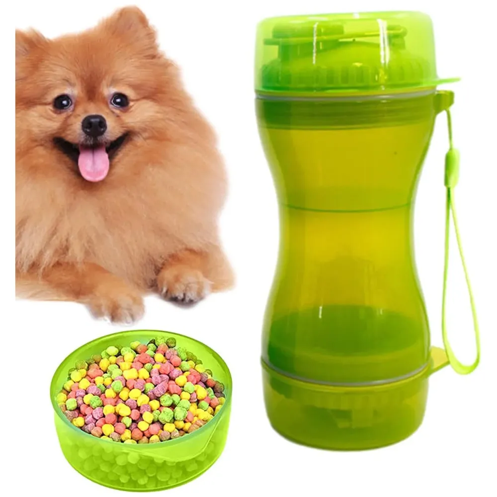 2 in 1 Dog Water Bottle Portable Food Container Drinking Bowl for Small Medium Dogs Outdoor Travel Pet Water Dispenser Feeder Green