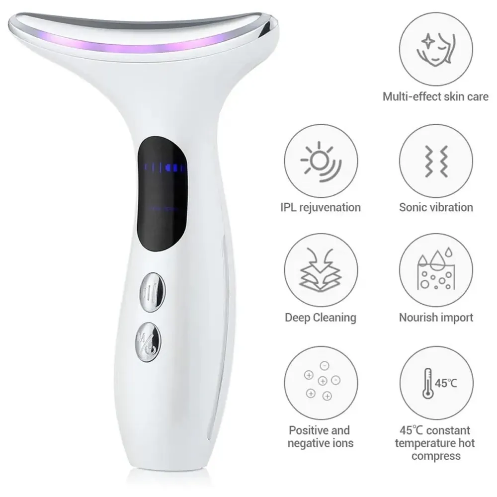 Neck Massager, EMS Microcurrent Vibration Anti Wrinkles Massager Skin Lifting Tightening Device, 3 Color LED Photon Therapy Beauty Device, Neck Care gua sha Double chin Reducer