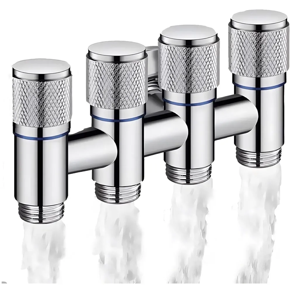 4 in 1 Angular Angle Valve Black Triple Tap for Bathroom, Geyser | Luxury Series Three-Way Angle Valve 4 in 1 valve for Bathroom Three Way Tap Silver Chrome Washing Machine. 15 x 6.5 cm