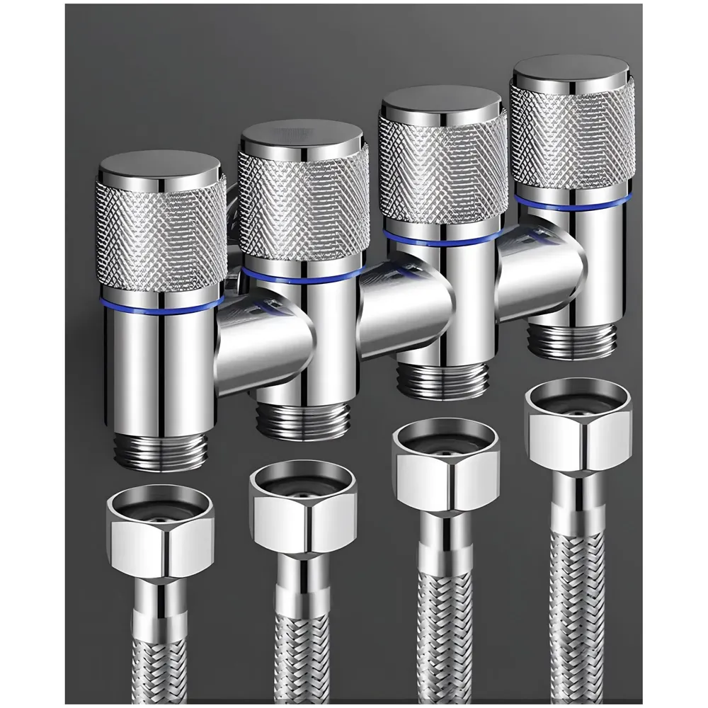 4 in 1 Angular Angle Valve Black Triple Tap for Bathroom, Geyser | Luxury Series Three-Way Angle Valve 4 in 1 valve for Bathroom Three Way Tap Silver Chrome Washing Machine. 15 x 6.5 cm - 2
