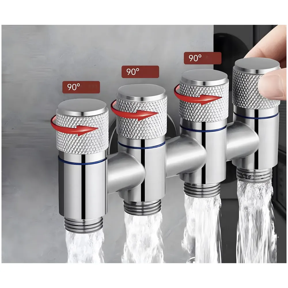 4 in 1 Angular Angle Valve Black Triple Tap for Bathroom, Geyser | Luxury Series Three-Way Angle Valve 4 in 1 valve for Bathroom Three Way Tap Silver Chrome Washing Machine. 15 x 6.5 cm - 3