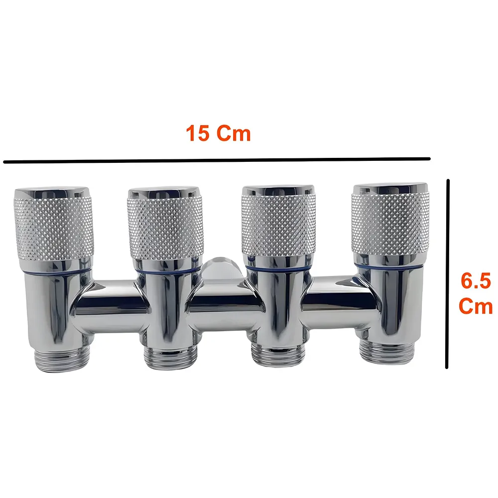 4 in 1 Angular Angle Valve Black Triple Tap for Bathroom, Geyser | Luxury Series Three-Way Angle Valve 4 in 1 valve for Bathroom Three Way Tap Silver Chrome Washing Machine. 15 x 6.5 cm