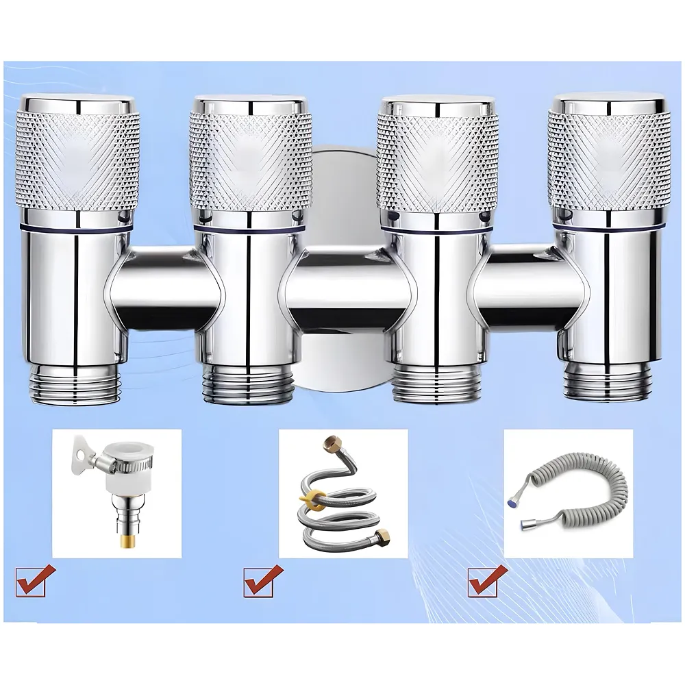 4 in 1 Angular Angle Valve Black Triple Tap for Bathroom, Geyser | Luxury Series Three-Way Angle Valve 4 in 1 valve for Bathroom Three Way Tap Silver Chrome Washing Machine. 15 x 6.5 cm