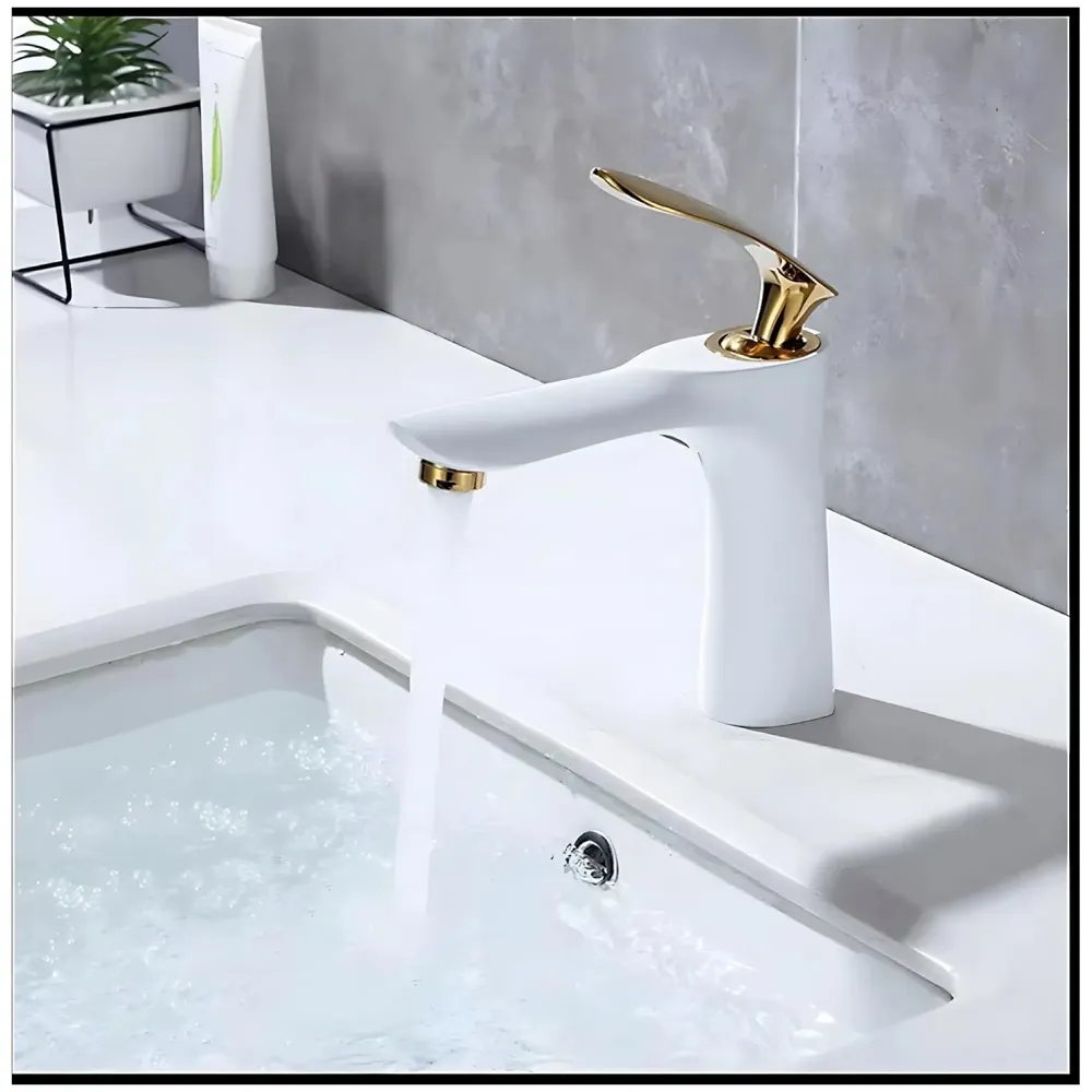 AQUAKART White Gold Faucet Tap Mixer Hot and Cold Water Heavy Single Lever Basin Mixer 7 inches with Connector Pipes and Ceramic Cartridge for Bathroom Wash Basins - 2