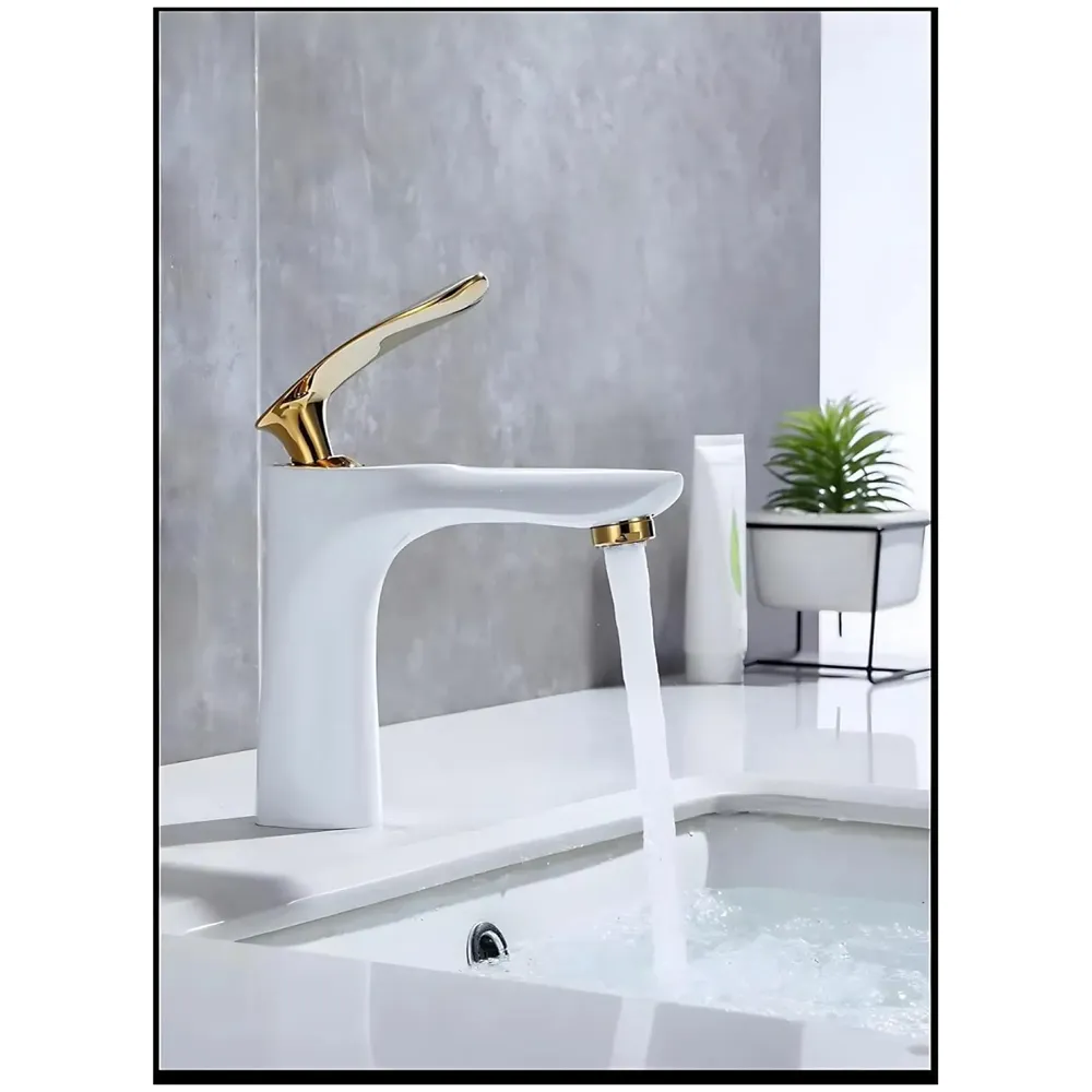 AQUAKART White Gold Faucet Tap Mixer Hot and Cold Water Heavy Single Lever Basin Mixer 7 inches with Connector Pipes and Ceramic Cartridge for Bathroom Wash Basins - 5
