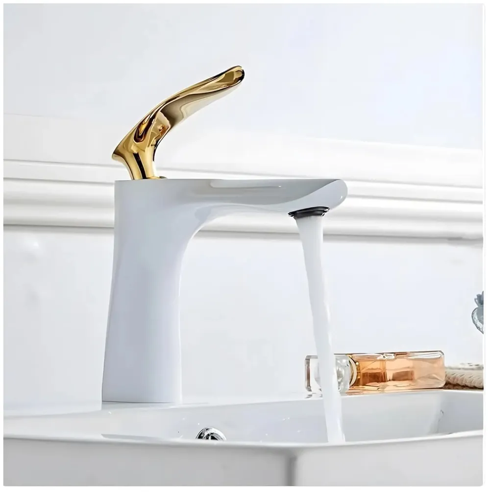 AQUAKART White Gold Faucet Tap Mixer Hot and Cold Water Heavy Single Lever Basin Mixer 7 inches with Connector Pipes and Ceramic Cartridge for Bathroom Wash Basins - 8