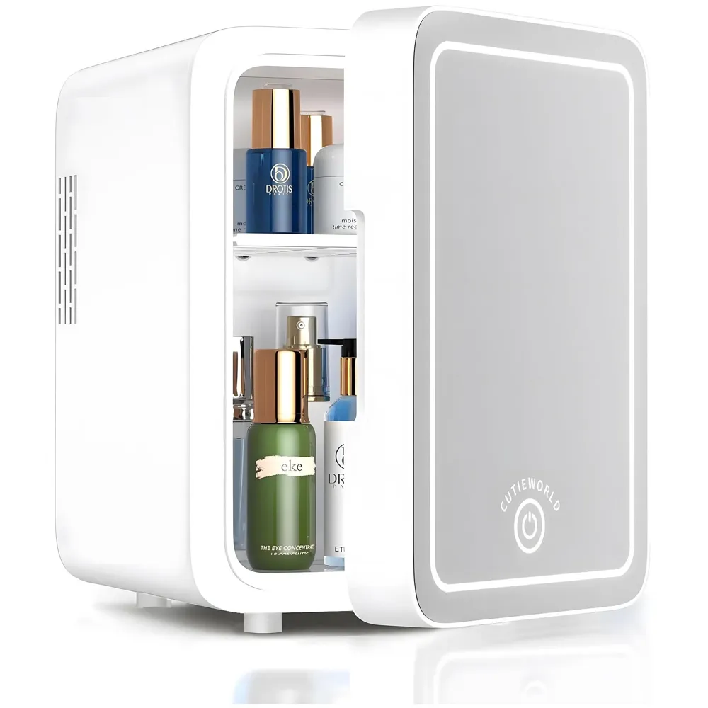 2 in 1 4L Makeup Cosmetics Cooler & Warmer With Dimmable LED Light Mirror, for Bedroom, Car, Office & Dorm, Cooler & Warmer, Portable Small for Cosmetics, Skin Care and Food, White