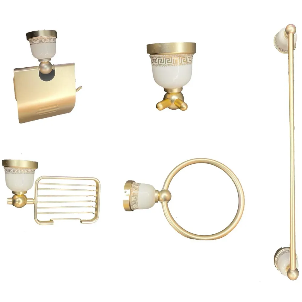 Gold Aluminium 5 in 1 Accessories Combo Gold Rust Free Soap Holder, Towel Ring, Hook, Paper Holder and Towel Rod