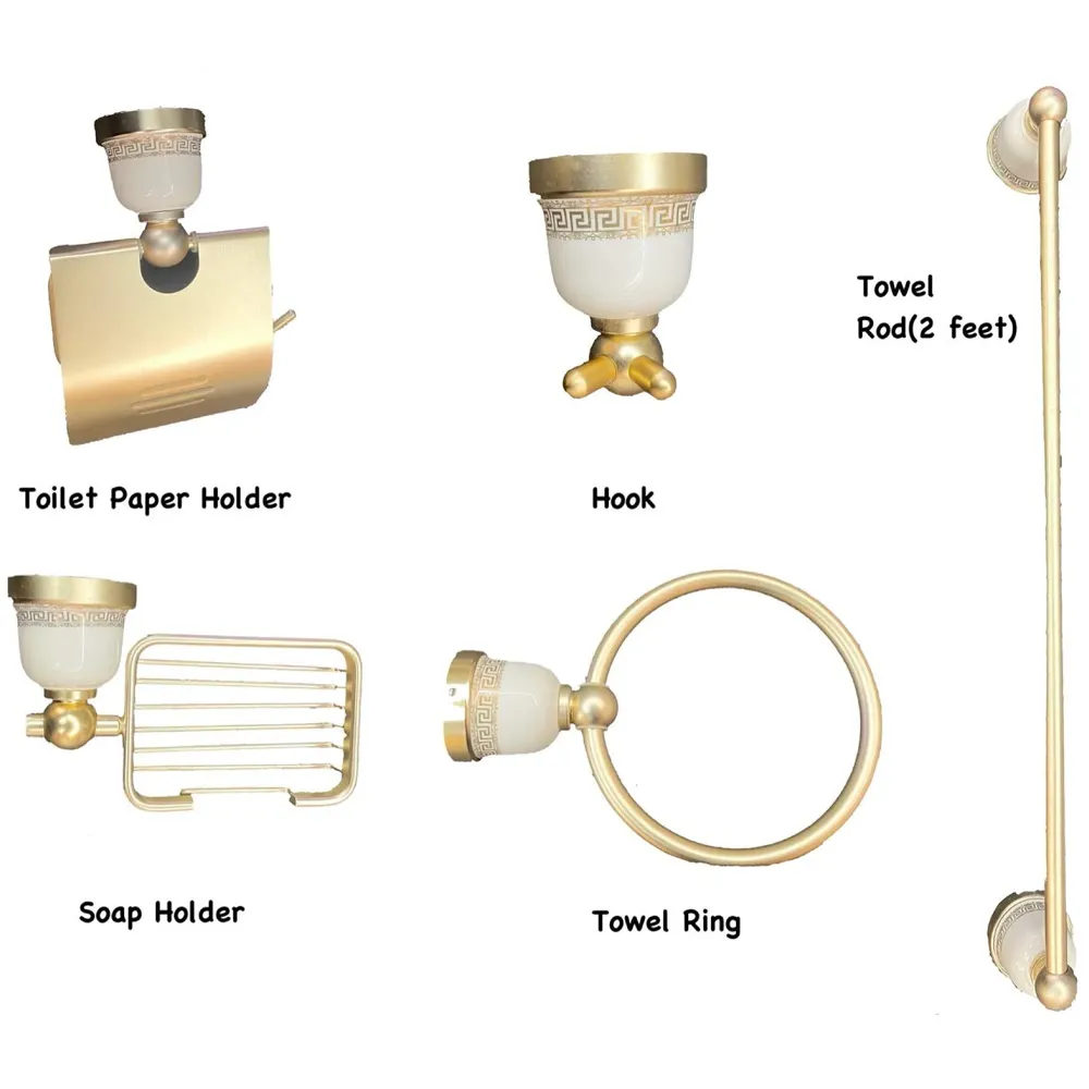 Gold Aluminium 5 in 1 Accessories Combo Gold Rust Free Soap Holder, Towel Ring, Hook, Paper Holder and Towel Rod - 2