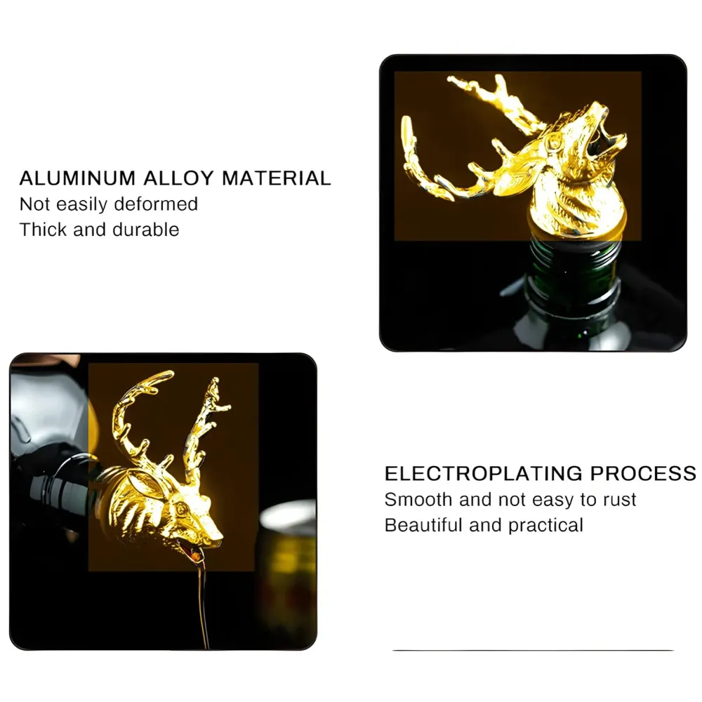 Gold Stag Head Liquor Bottle Pourer Liquor Pour Spout 1Pc Deer Head Bottle Tipping Nozzle Silicone Stoppers Gold for Bars Homes Party