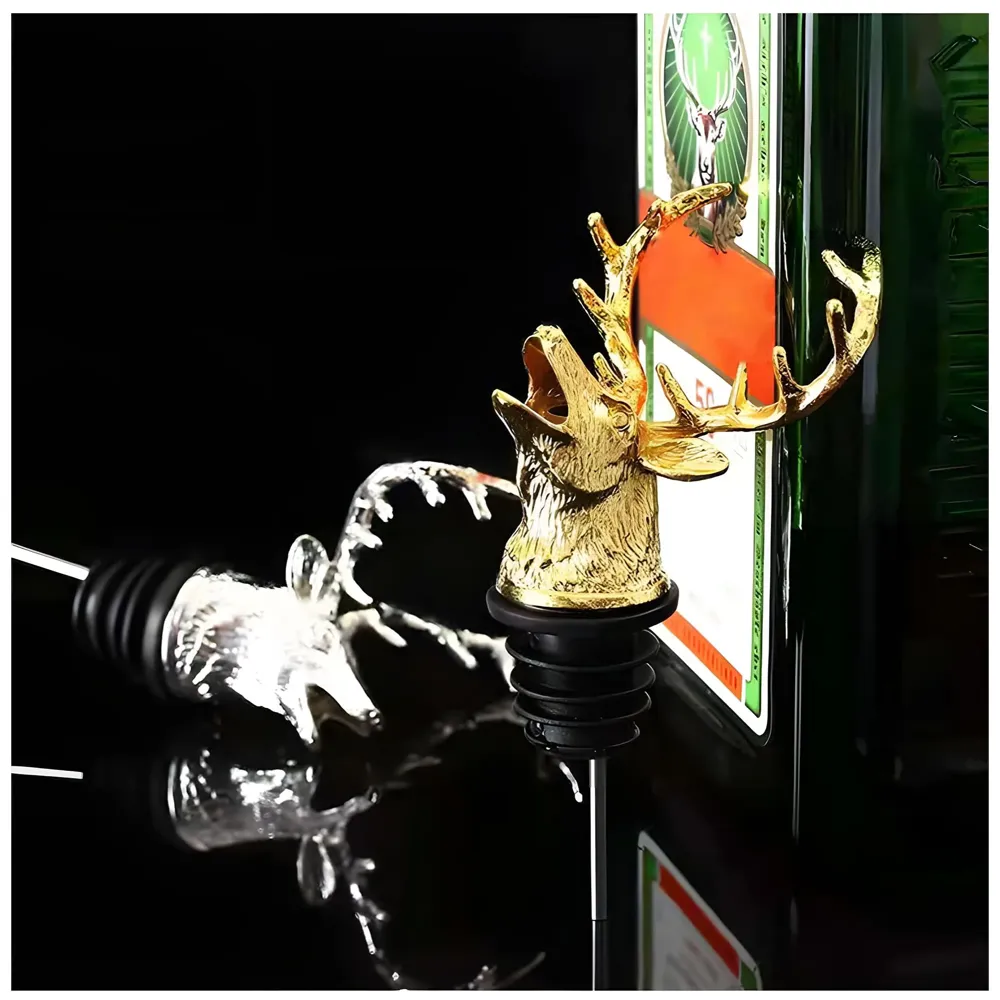 Gold Stag Head Liquor Bottle Pourer Liquor Pour Spout 1Pc Deer Head Bottle Tipping Nozzle Silicone Stoppers Gold for Bars Homes Party