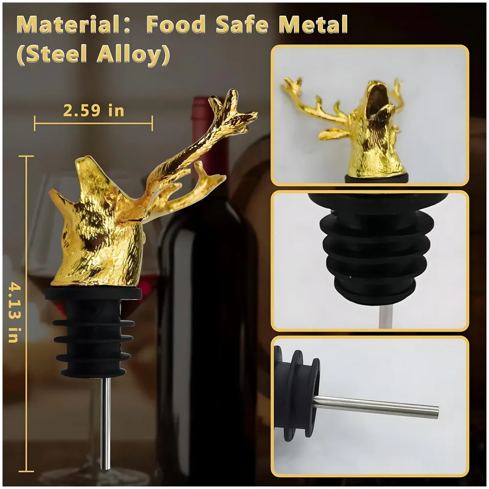 Gold Stag Head Liquor Bottle Pourer Liquor Pour Spout 1Pc Deer Head Bottle Tipping Nozzle Silicone Stoppers Gold for Bars Homes Party