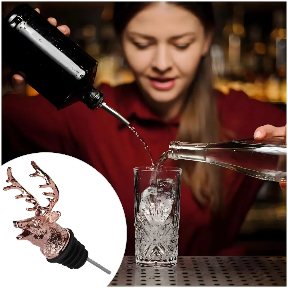 Stag Head Liquor Bottle Pourer Liquor Pour Spout 1 Pc Deer Head Bottle Tipping Nozzle Silicone Stoppers Silver for Bars Homes Party Rose Antique