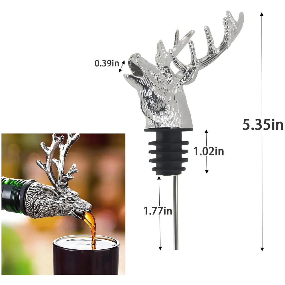 Stag Head Liquor Bottle Pourer Liquor Pour Spout 1Pc Deer Head Bottle Tipping Nozzle Silicone Stoppers Silver for Bars Homes Party