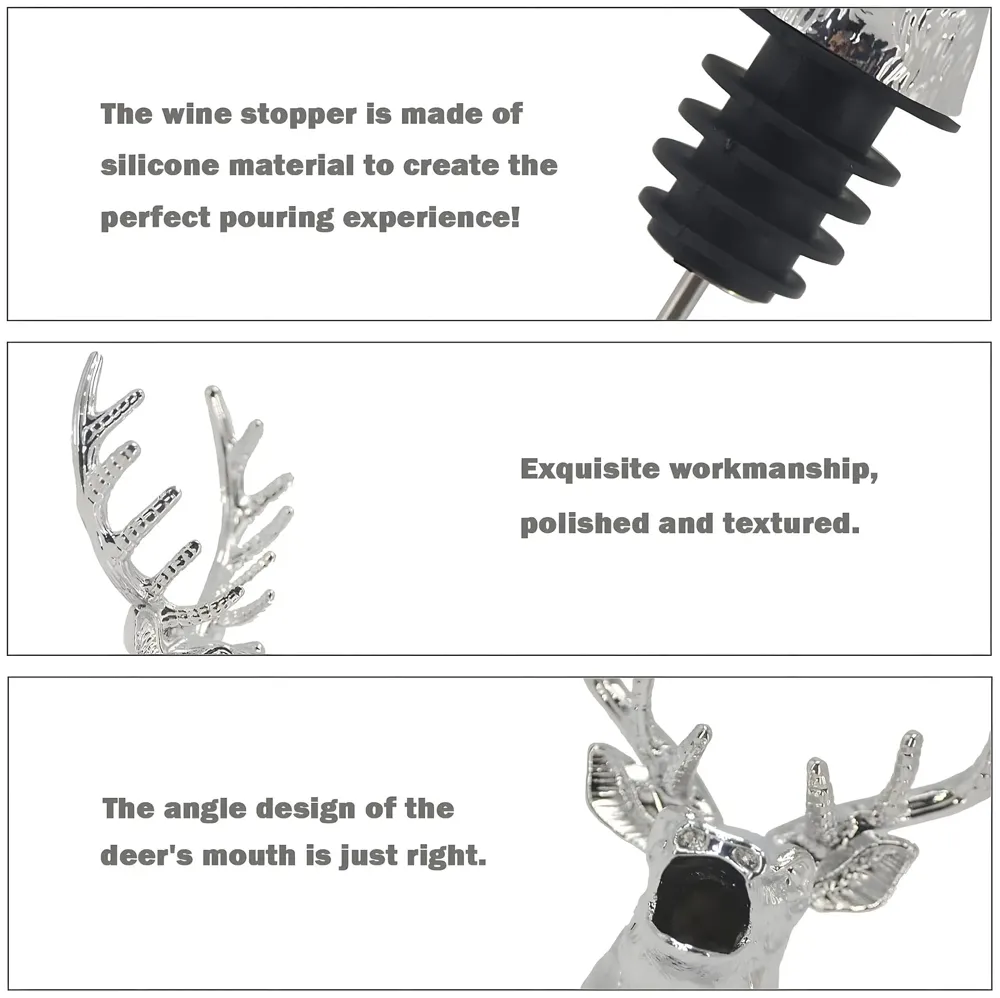 Stag Head Liquor Bottle Pourer Liquor Pour Spout 1Pc Deer Head Bottle Tipping Nozzle Silicone Stoppers Silver for Bars Homes Party