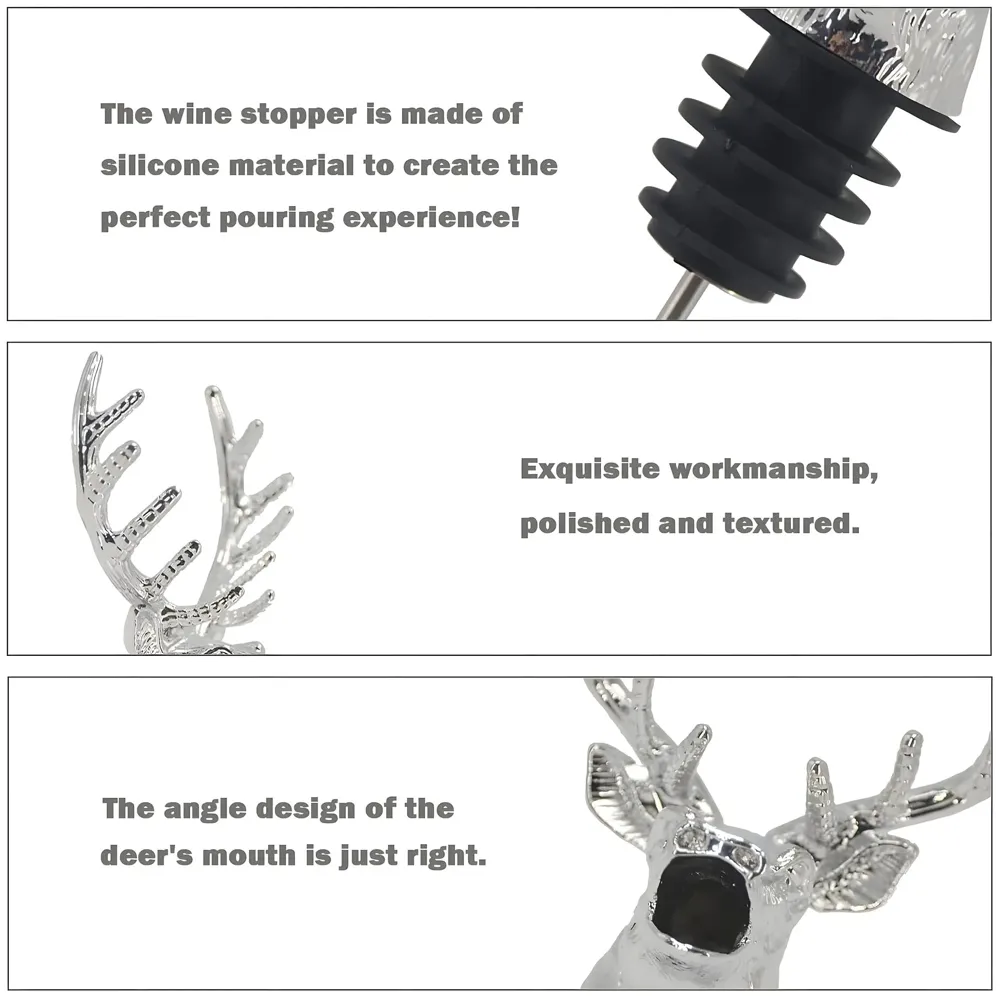 Stag Head Liquor Bottle Pourer Liquor Pour Spout 1Pc Deer Head Bottle Tipping Nozzle Silicone Stoppers Silver for Bars Homes Party