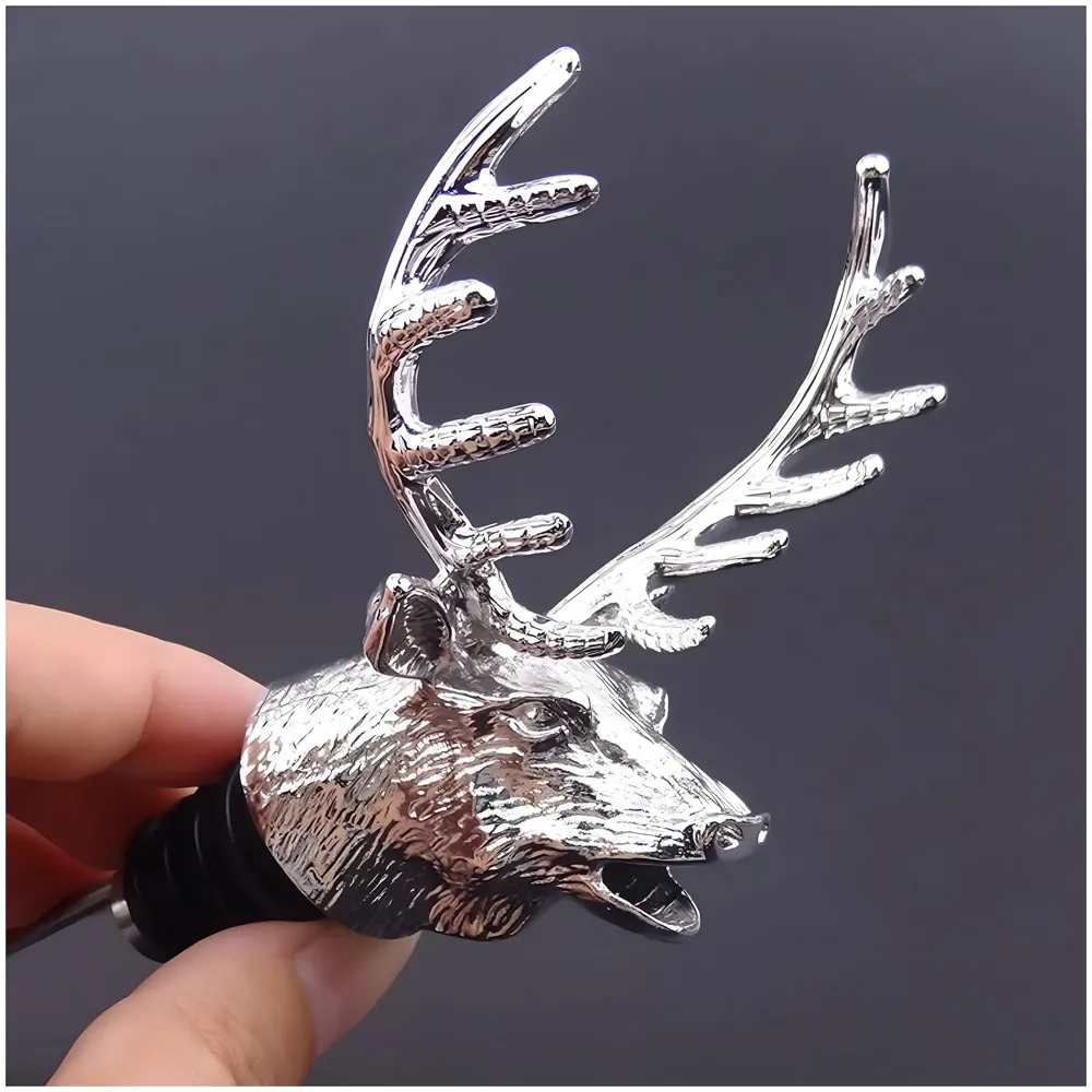 Stag Head Liquor Bottle Pourer Liquor Pour Spout 1Pc Deer Head Bottle Tipping Nozzle Silicone Stoppers Silver for Bars Homes Party