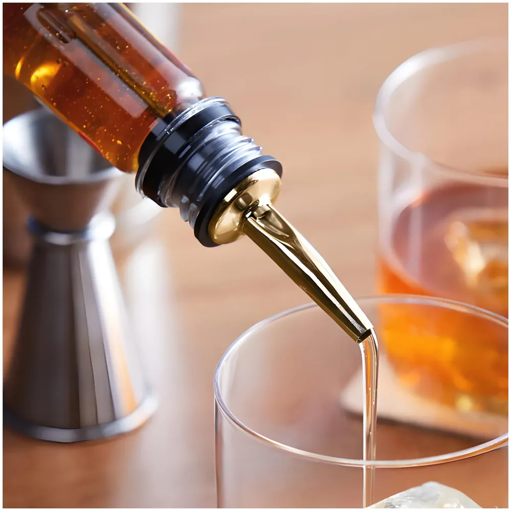 4 Pcs Gold Liquor Bottle Pourer Liquor Pour Spout Head Bottle Tipping Nozzle Silicone Stoppers for Bars Homes Party 11.3 cm x 2.9 cm Fits Most Bottles.