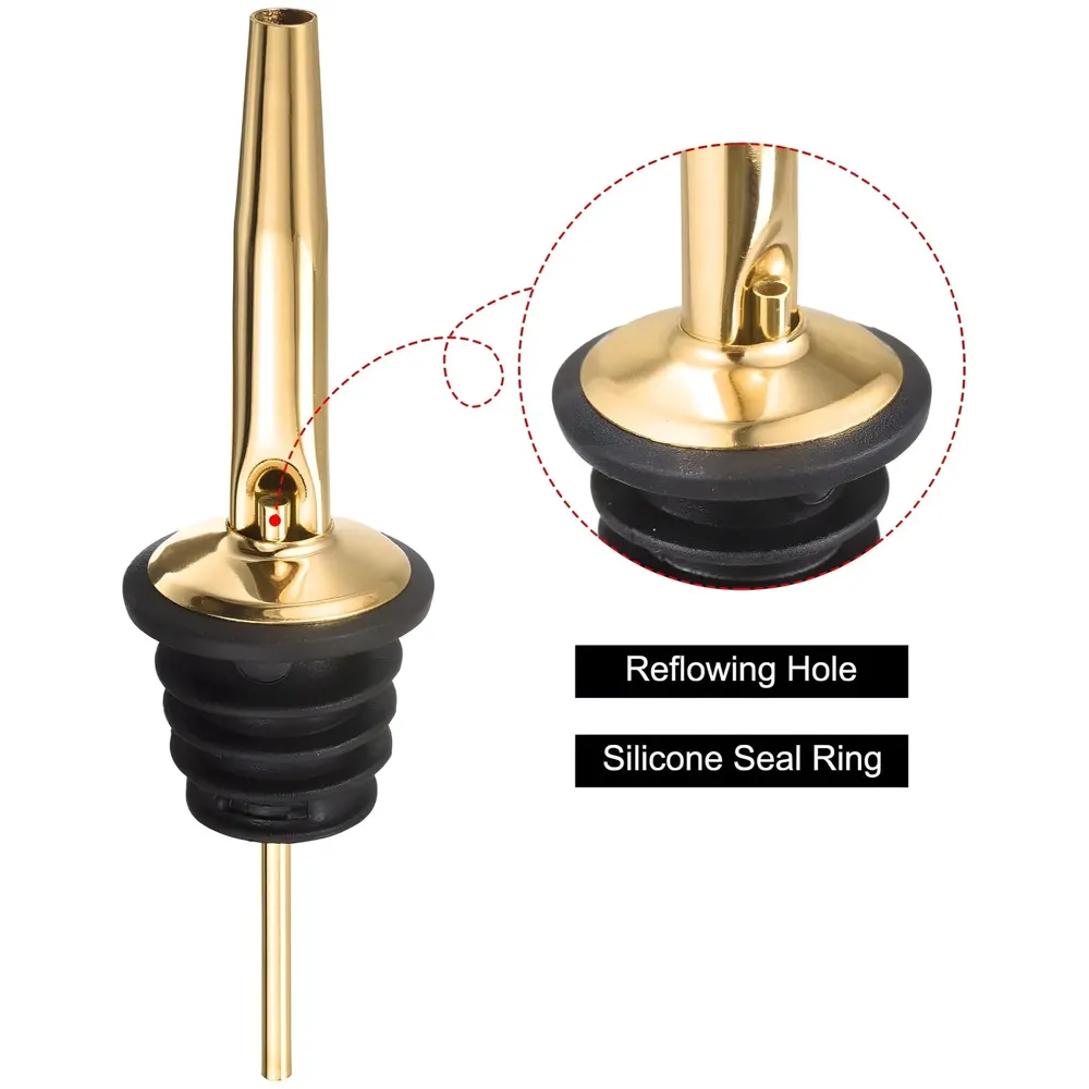 4 Pcs Gold Liquor Bottle Pourer Liquor Pour Spout Head Bottle Tipping Nozzle Silicone Stoppers for Bars Homes Party 11.3 cm x 2.9 cm Fits Most Bottles.