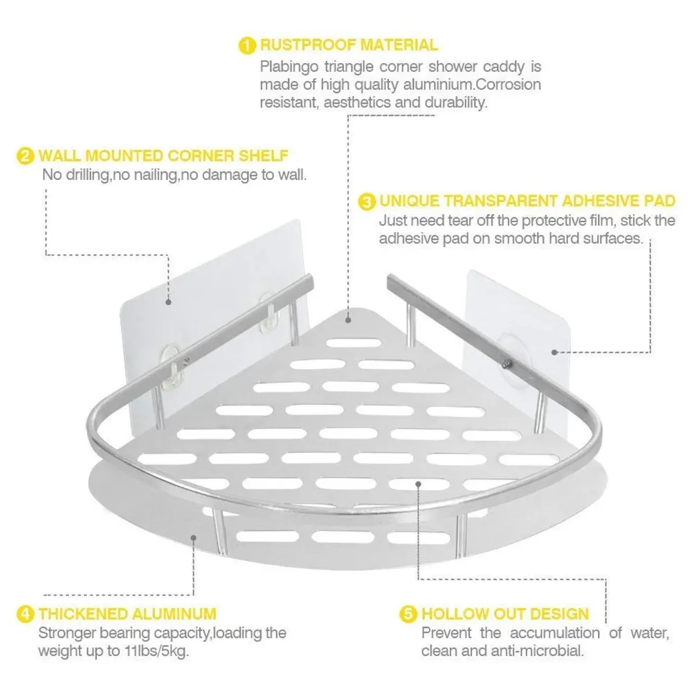 Wall Mount Bathroom Corner Shelf Aluminium Shower Caddy Wall Shelf Holder Anti Rust, Rust Free Aluminium, Installation Kit Included (1, Aluminum Corner) - 5