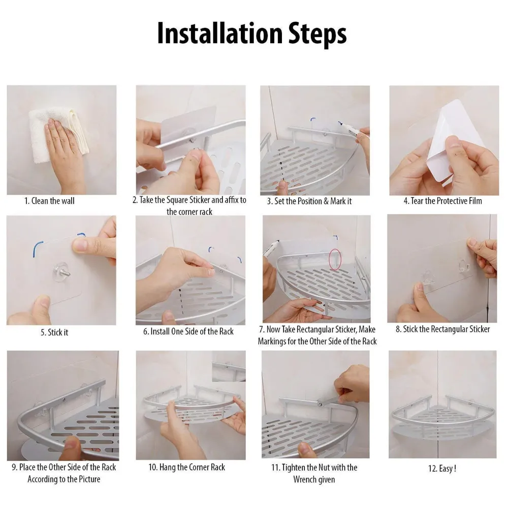 Wall Mount Bathroom Corner Shelf Aluminium Shower Caddy Wall Shelf Holder Anti Rust, Rust Free Aluminium, Installation Kit Included (1, Aluminum Corner) - 7