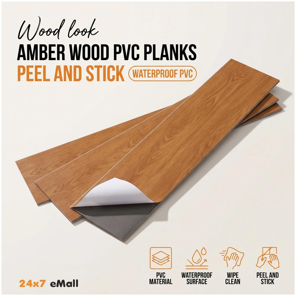 18 Pcs Brown Amber PVC Wood Floor Planks Peel and Stick 27 Sq Ft