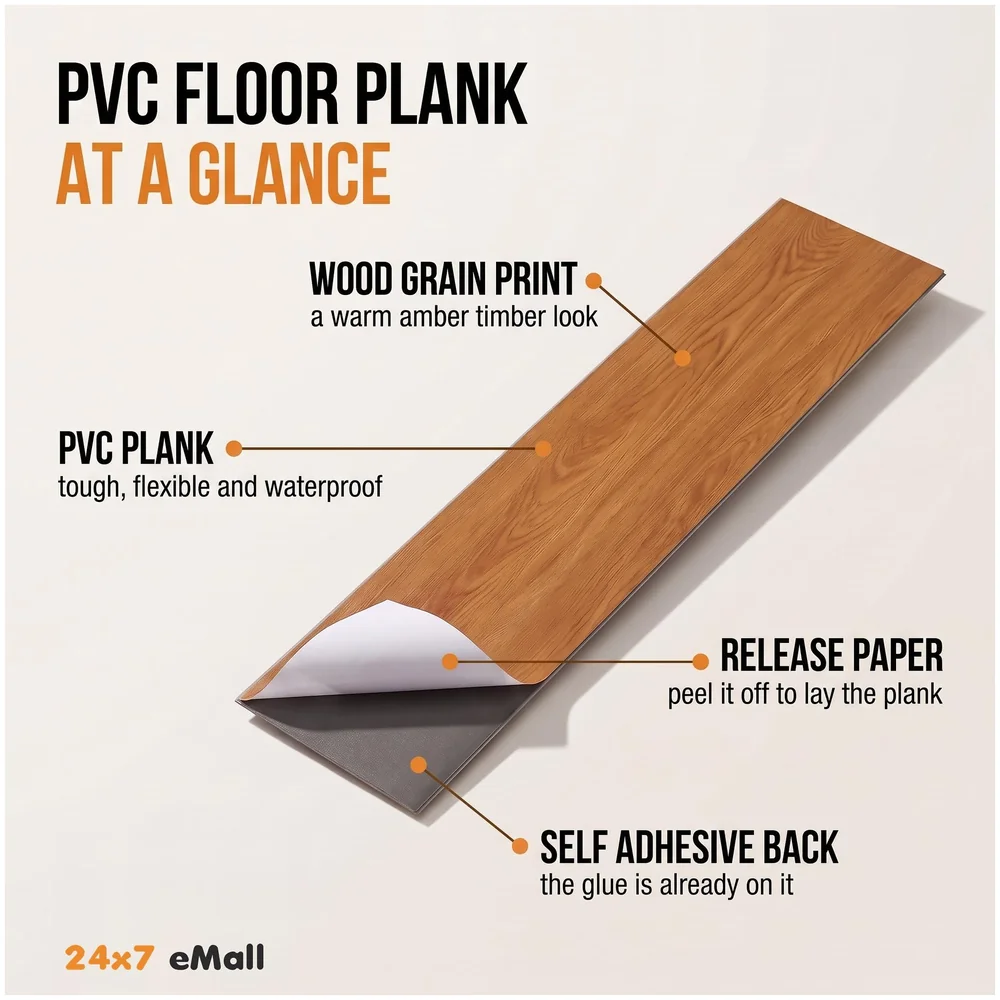 18 Pcs Brown Amber PVC Wood Floor Planks Peel and Stick 27 Sq Ft