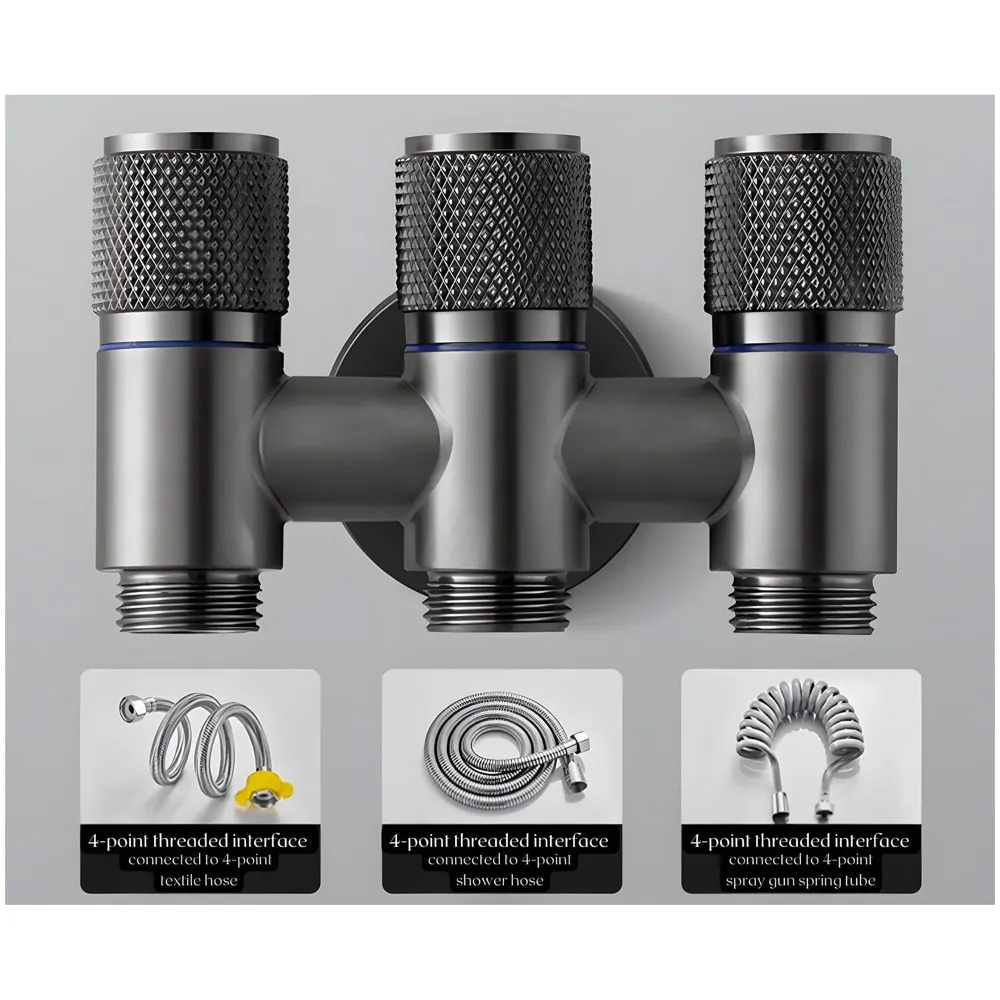 AQUAKART 3 in 1 Angular Angle Valve Black Triple Tap for Bathroom, Geyser | Luxury Series Three-Way Angle Valve 3 in 1 valve for Bathroom Three Way Tap Black Washing Machine. 11 x 7 cm - 3